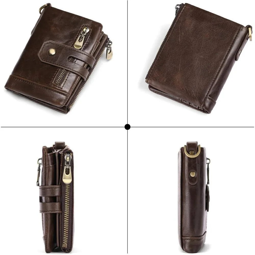 ✨Men Brown Chain Wallets Bifold Blocking with Chain Leather with Coin Pocket